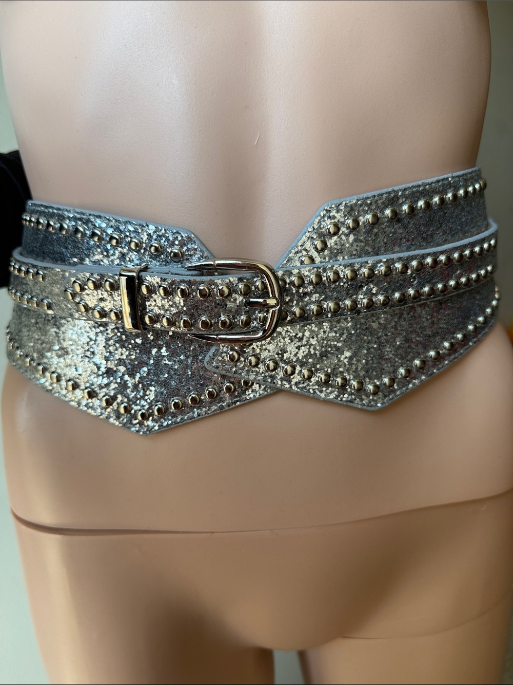 Glitter Studded Wide Waist Belt - Silver
